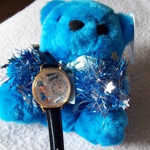 Ladies Cheerleading Themed Watch Gold Tone Navy Blue Leather Band & Cheer Bear